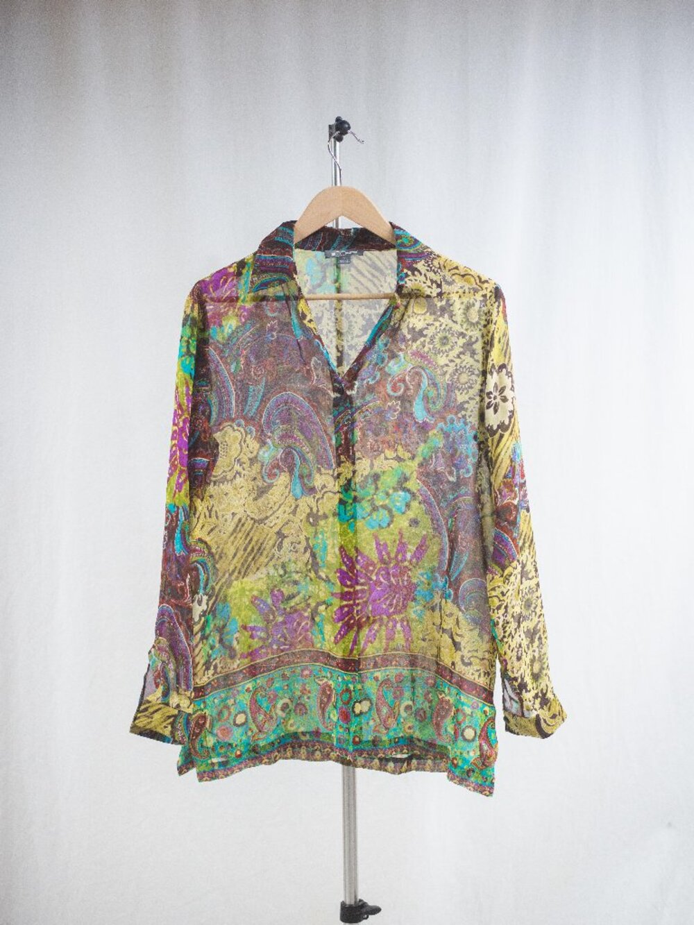 GO SILK Long Sleeve Floral Green Purple Multi color Button Blouse Tunic